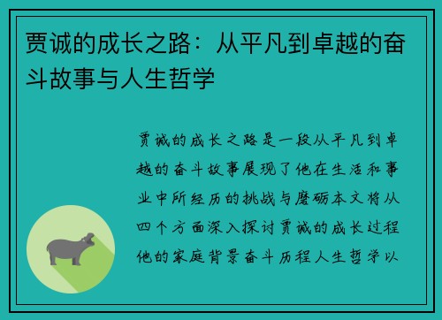 贾诚的成长之路：从平凡到卓越的奋斗故事与人生哲学